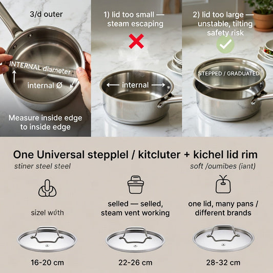 Stainless steel universal lid on a pot, illustrating how to choose the right pan lid size