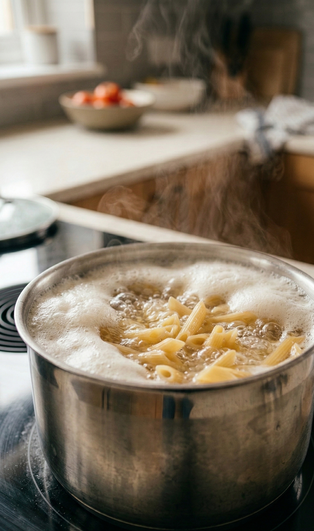 Stainless steel saucepan with pasta boiling on an induction hob, starchy foam rising near the rim before boiling over.