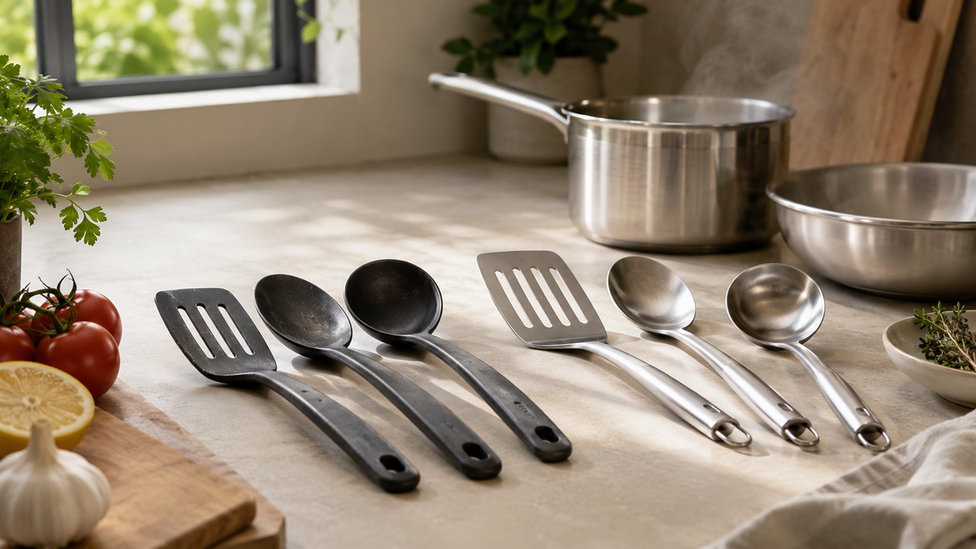 Worn plastic kitchen utensils next to food-grade stainless steel utensils — spatula, spoon and ladle comparison