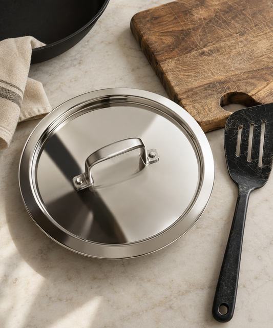Stainless steel pan lid next to a wooden board and plastic utensil, comparing kitchen hygiene