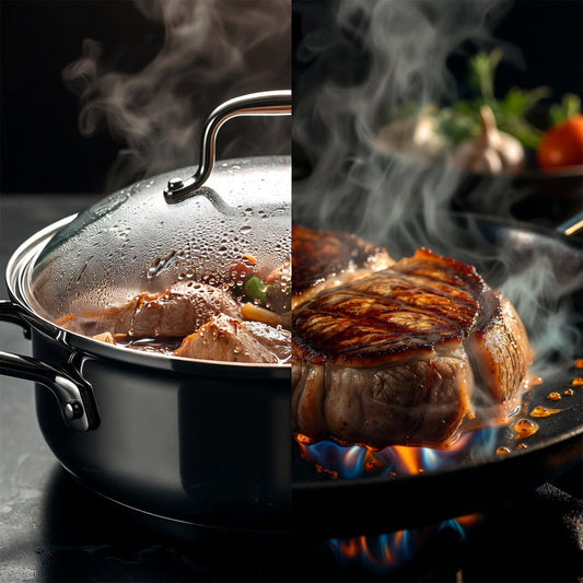 Stainless steel pot with the lid on one side and the lid off with steam rising on the other side, comparing cooking with a lid on versus off
